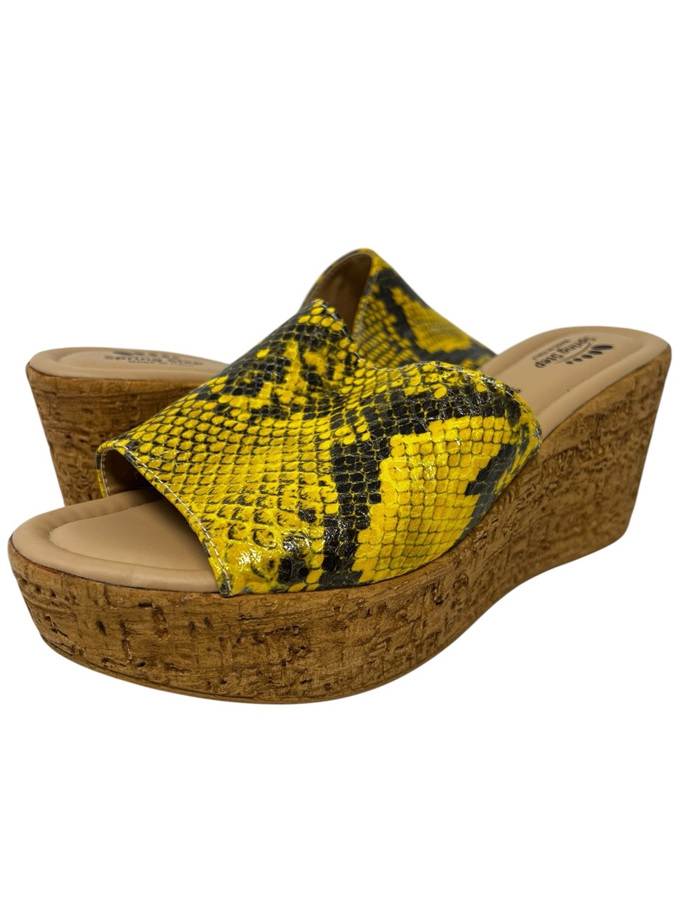 Spring Step Yellow and Black Snake-Print Cork Wedge Slide